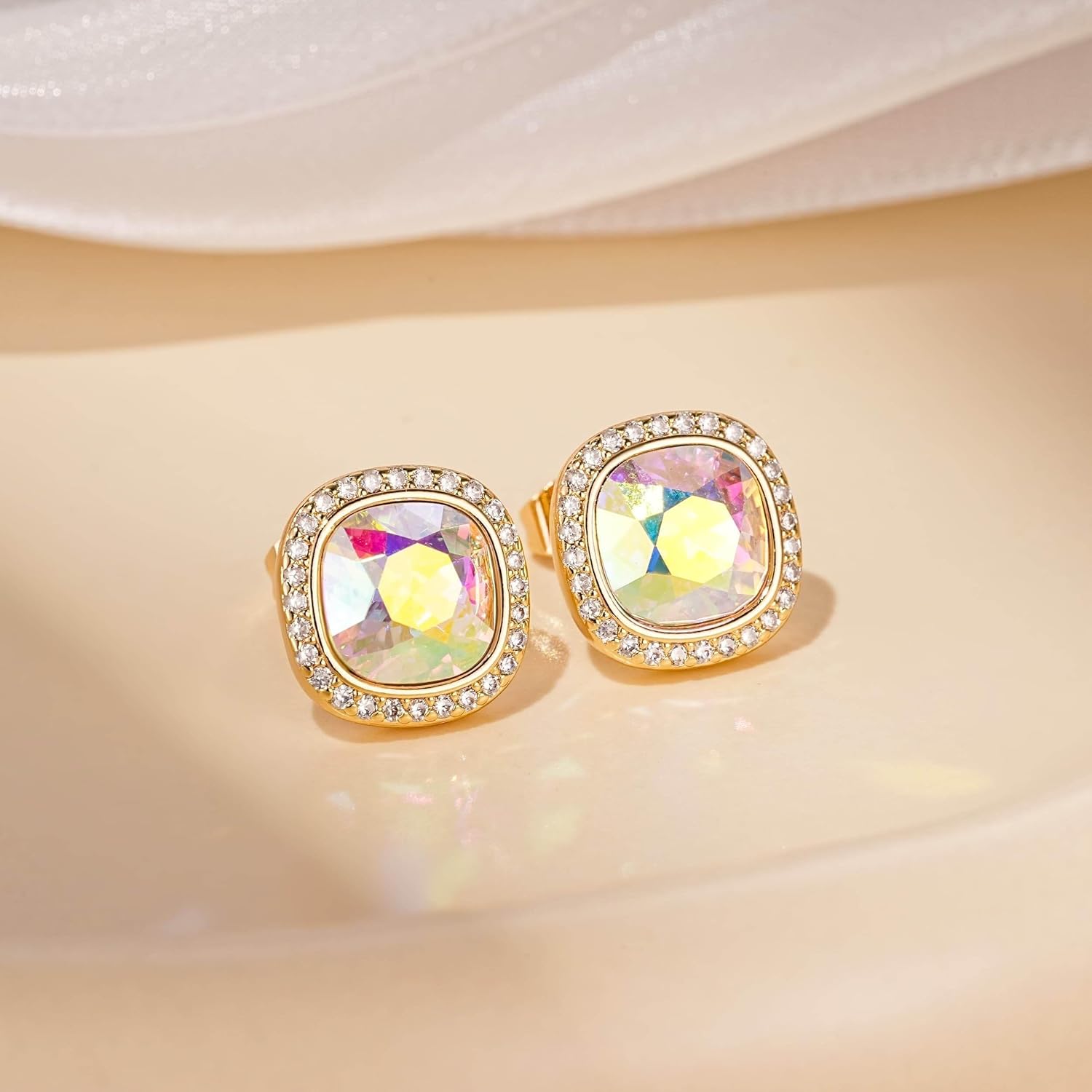 EVEVIC Austrian Crystal Halo Square Stud Earrings for Women 14K Gold Plated Birthstone Earring Hypoallergenic Jewelry Gifts