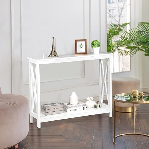Miniatura 40 de ZenStyle Mesa auxiliar de sofá con 2 estantes de almacenamiento, mesa decorativa estrecha para entrada, pasillo, sala de estar, 39.3 pulgadas de