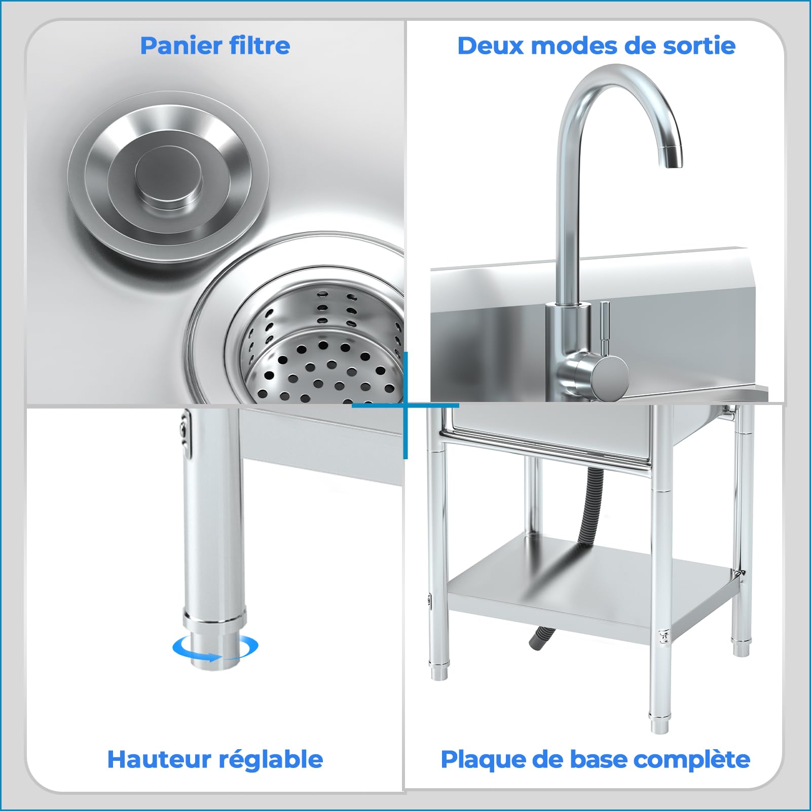 RiveraSink Évier Extérieur Inox Autoportant 50×50×80 cm, Plonge Professionnelle en Acier Inoxydable avec Robinet, Étagère et Dosseret, pour Cuisine, Garage, Buanderie et Restaurant