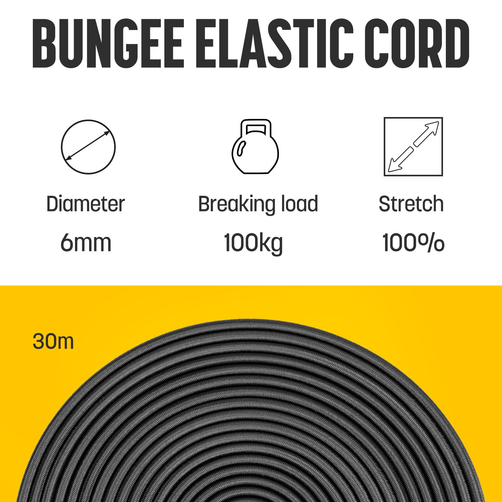 Kamu Synber Bungee Cord 6mm x 30m Elastic Shock Cord Bungee Rope for Tarpaulin Kayak, Tie Down, Camping, Black - Image 3