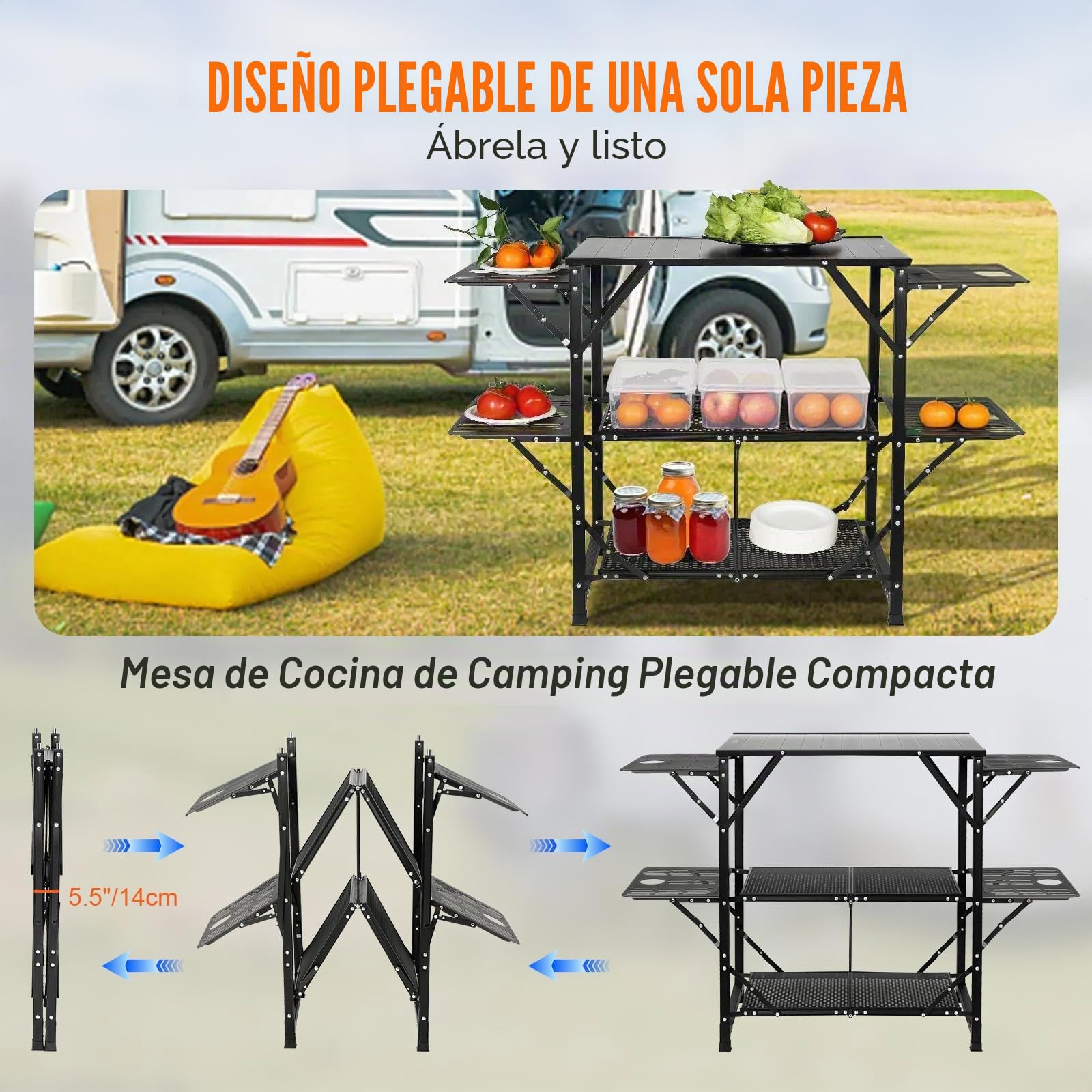 VEVOR Mesa de Cocina de Camping, Estación de Cocina Portátil Plegable con Bolsa de Transporte, Mesa de Camping de Aluminio de 126 x 46 x 81 cm para Pícnics al Aire Libre, Barbacoas, Camping