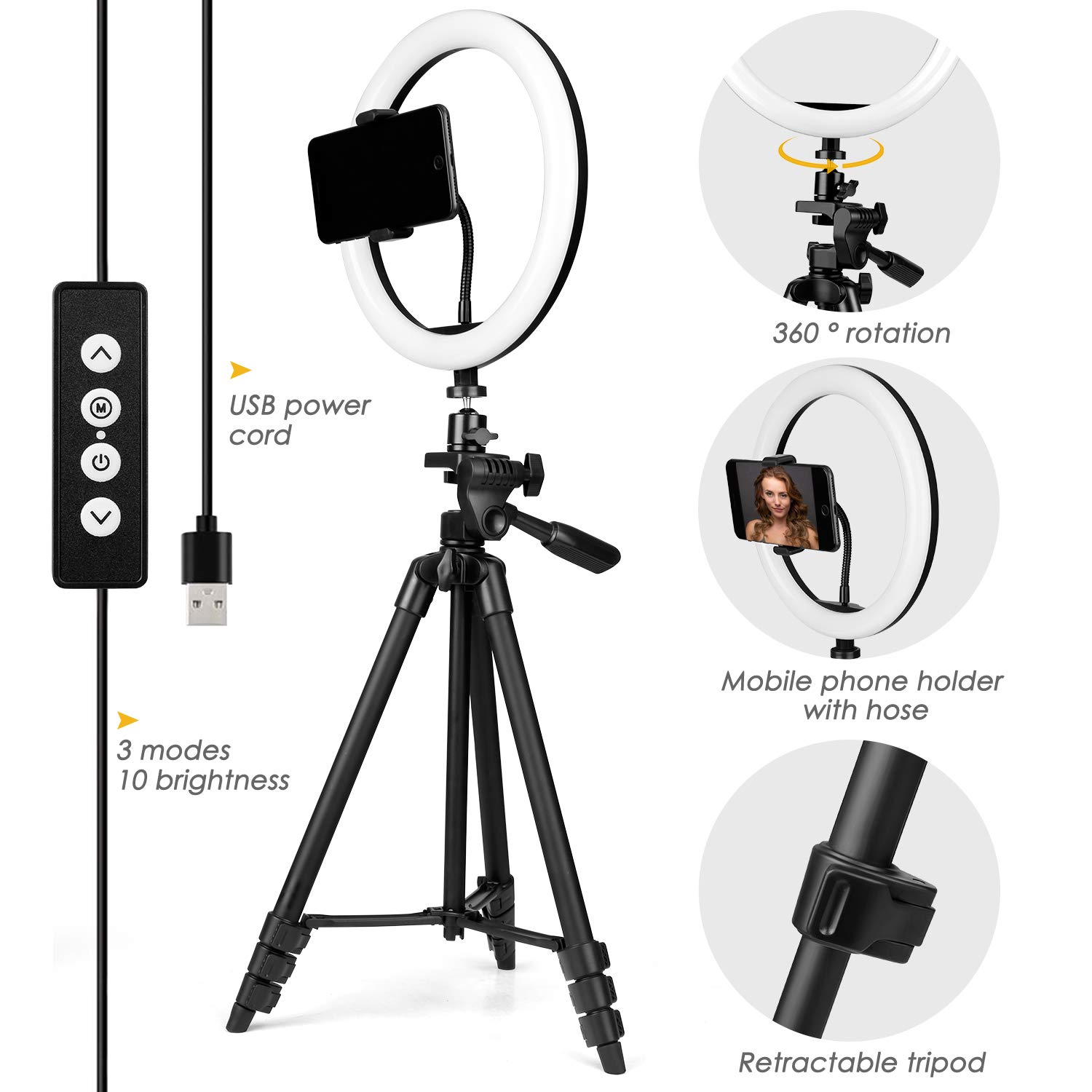 10" Ring Light, Luce Per Selfie Telecomando con Trepiedi per Cellulari, 3000k-5600k 3 Modalità e 10 Luminosità, Luce ad Anello USB per Tik Tok/Youtube/Trucco/Selfi