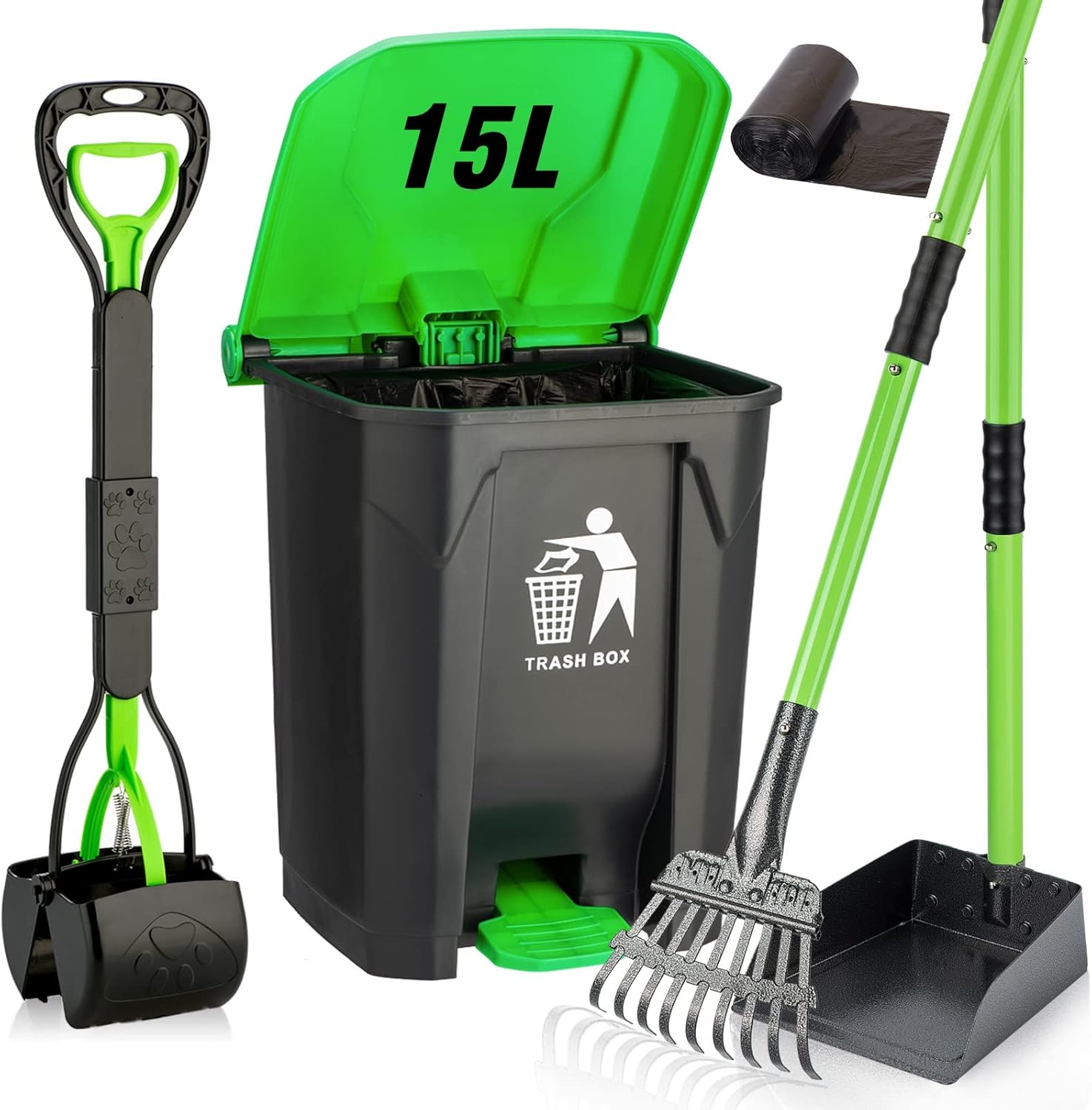 Pooper Scooper Dog Poop Trash Can Set with 20 Waste Bags, 15L/4 Gallon Step Dog Waste Trash Can with Lid and Removable Inner Bucket, Metal Dog Pooper Scooper for Large/Small and Multiple Dog Families : Pet Supplies