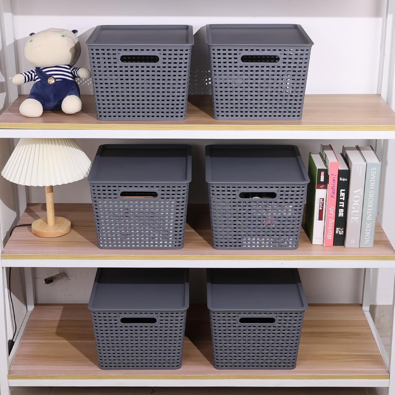 Xyskin 6 Packs Storage Bins with Lids, Plastic Storage Containers with Lids, Stackable Storage Box Baskets for Organizing Desktop Closet Playroom Classroom Office, Gray