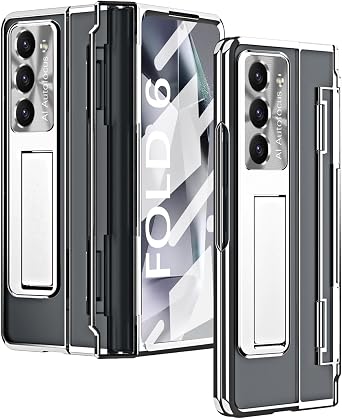 Galaxy Z Fold 6 Case, One-Piece Plating Housing with Kickstand and Screen Protector, Compatible with Samsung Galaxy Z Fold 6 5G 2024 Silver