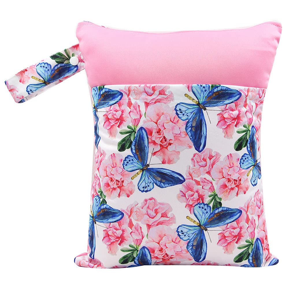 Treer Dry Wet Bag Baby Nappy Organizer Bag Large Double Zipper Reusable Waterproof Cute Animals Print Baby Carriage Hanging Bag, for Soiled Baby Items or Wet Clothes Storage (Floral Butterfly) โ image 1