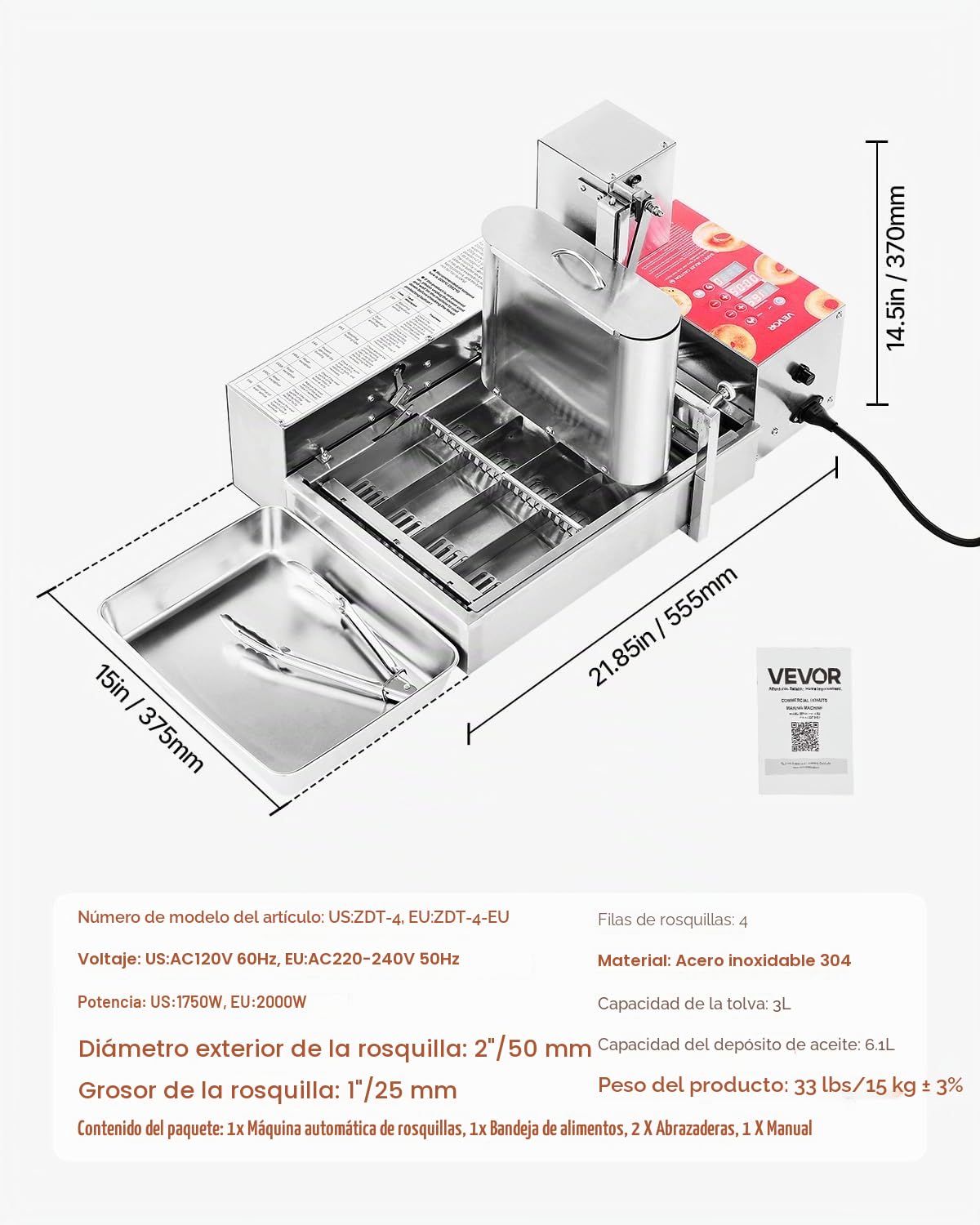 VEVOR Máquina Automática para Hacer Donas, Equipo para Hacer Donas de 4 Filas, Alta Potencia 240 Piezas/Hora, Acero Inoxidable, Control Inteligente, con Una Tolva 3 L y Un Tanque de Aceite 6,1 L