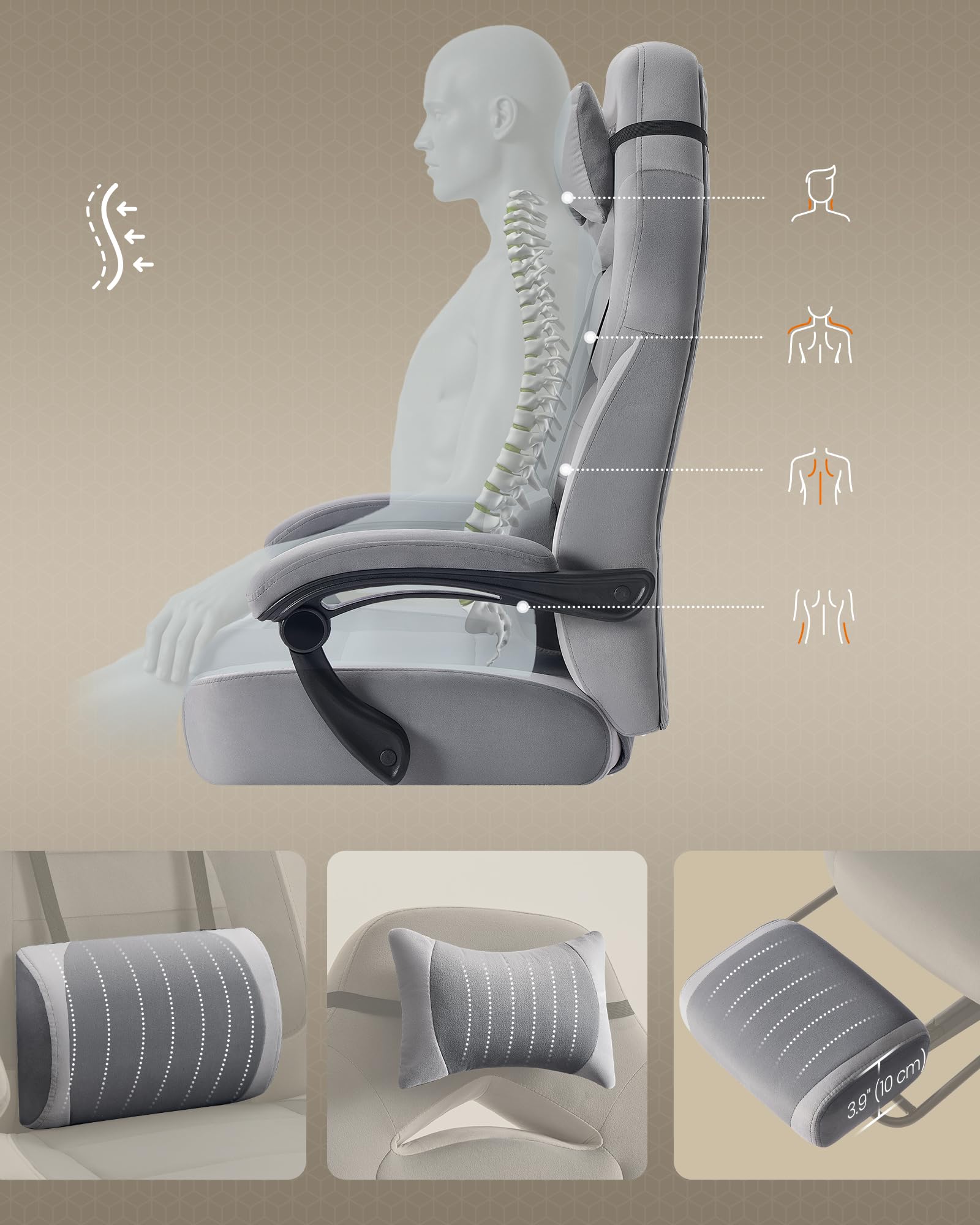 SONGMICS Fotel gamingowy, krzesło biurowe, krzesło komputerowe, ergonomiczny design, z podnóżkiem, regulowanym zagłówkiem, poduszką lędźwiową, nośność 150 kg, kolor łupkowo-gołębi OBG077G02