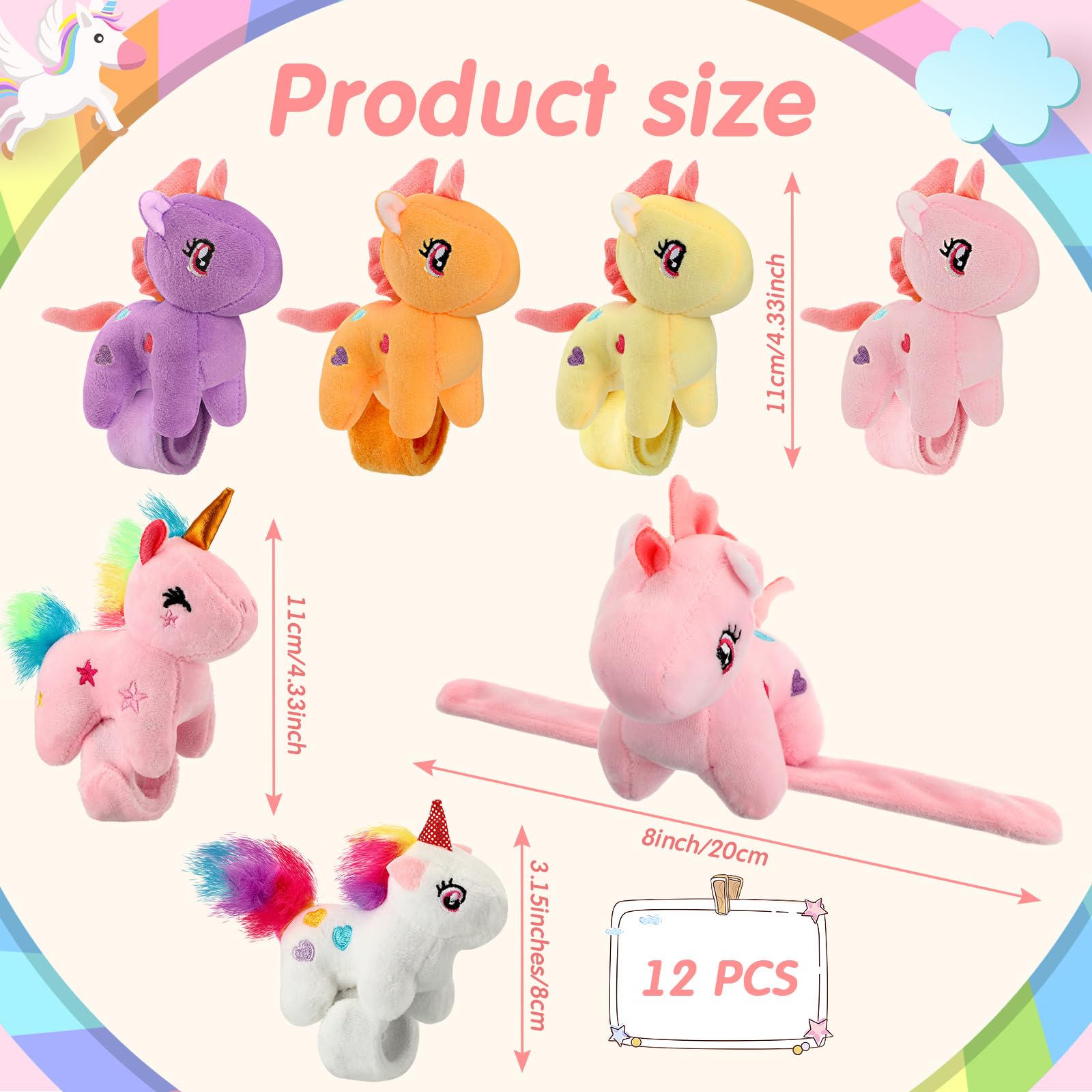 Hollowfly 12 Pcs Unicorn Slap Bracelets Plush Animal Bracelets Bulk 8 Inch Furry Slap Band Stuffed Animals for Boys Girls Unicorn Party Favors Birthday Gifts
