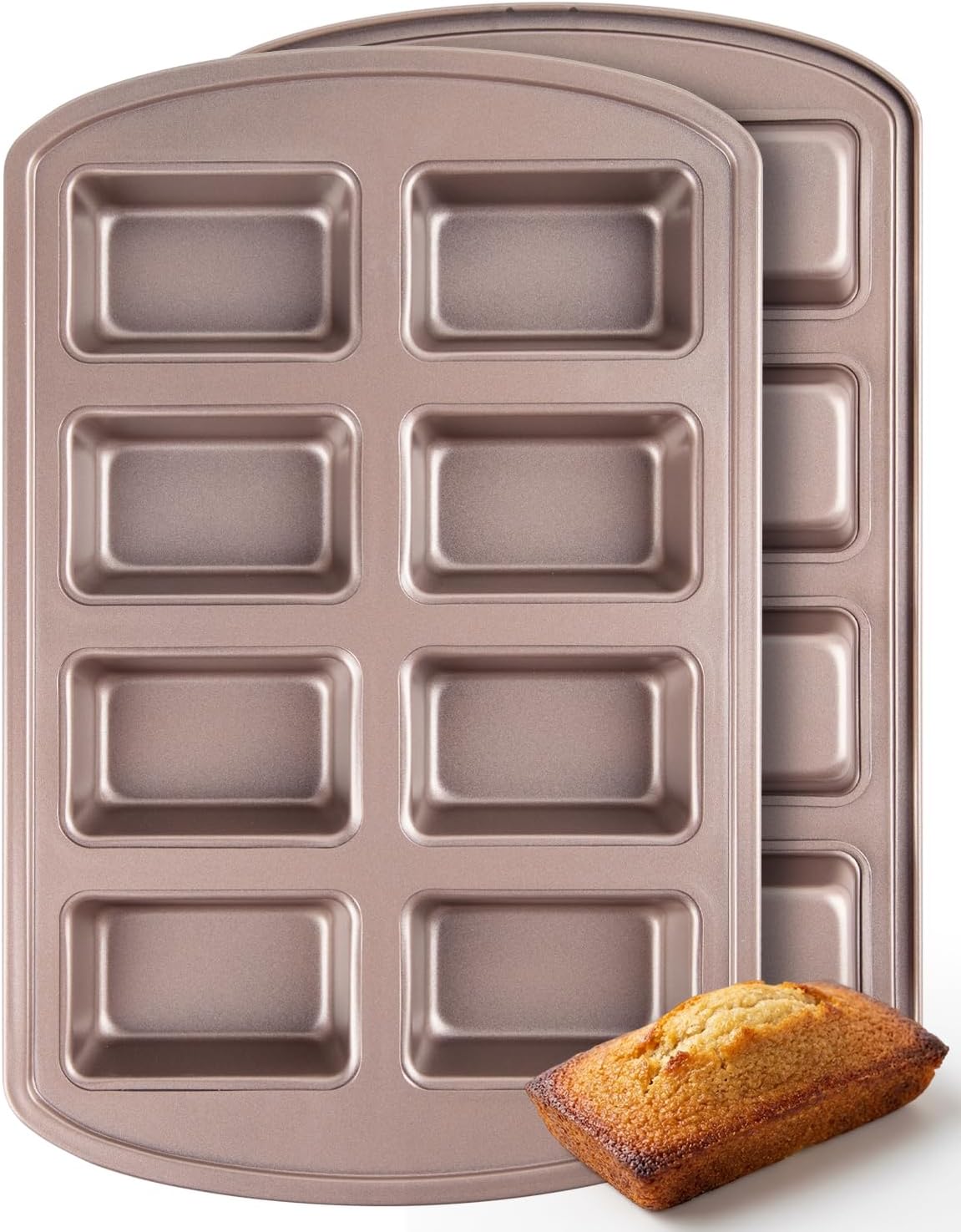 CARTMAN 2-Pack 8-Cavity Mini Loaf Pans Set with Spatula & Brush – 15.5” x 10” Nonstick Carbon Steel Small Bread Pan for Banana Bread, Meatloaf & Keto Snacks Champagne Gold