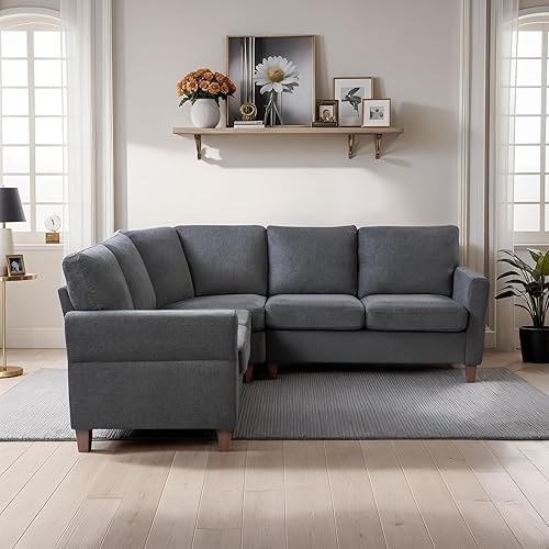 Miniatura 6 de Sofá en forma de L, sofá seccional pequeño para sala de estar, sofá L con cojín de asiento de resortes bolsillos, tela de lino, piernas cónicas,