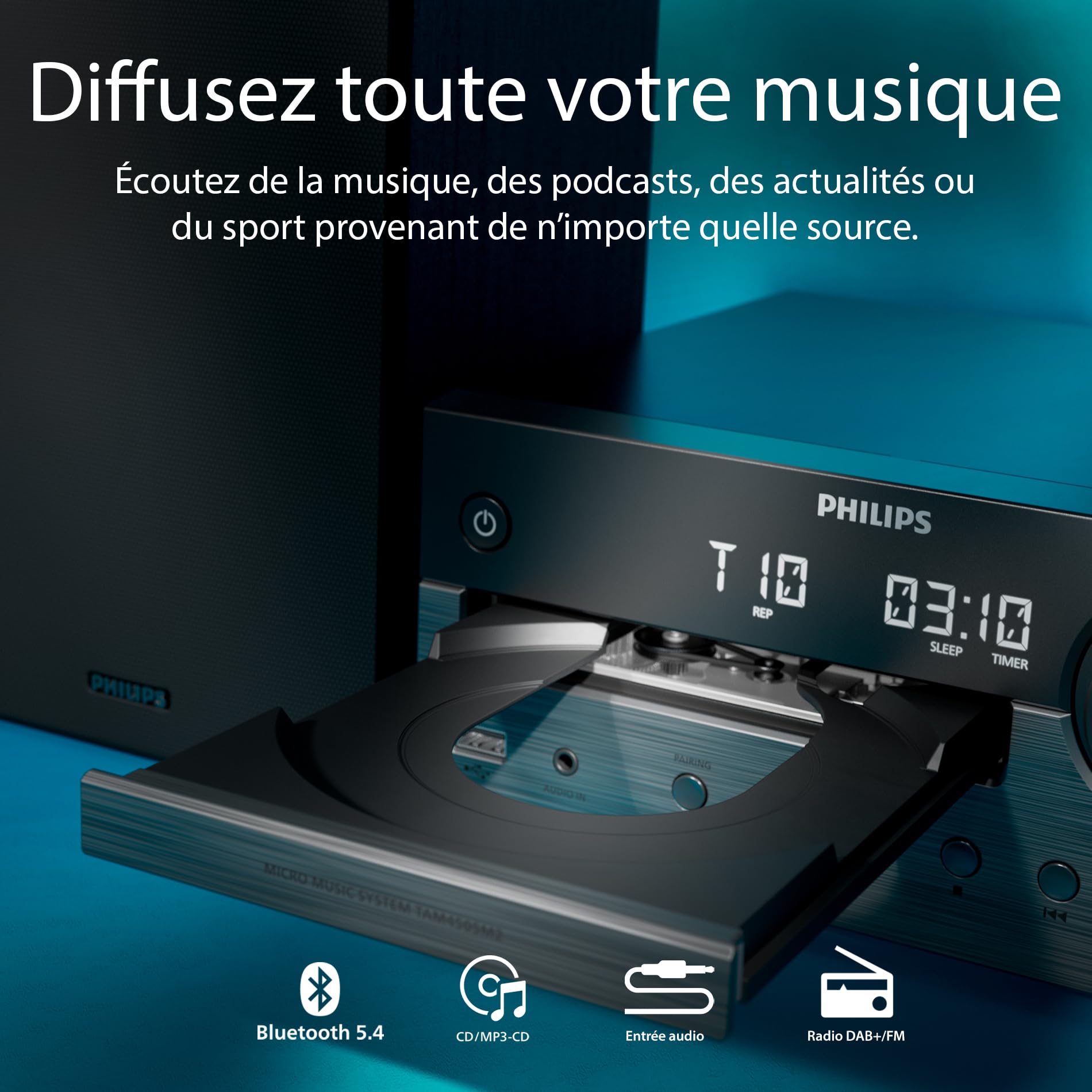 Philips TAM4555M2 Système de microchaîne hi-fi – 100 W, enceintes Bass Reflex, DAB+/FM, CD, USB, entrée audio, Bluetooth 5.4, Auracast, télécommande, préréglages audio numériques, emballage écologique
