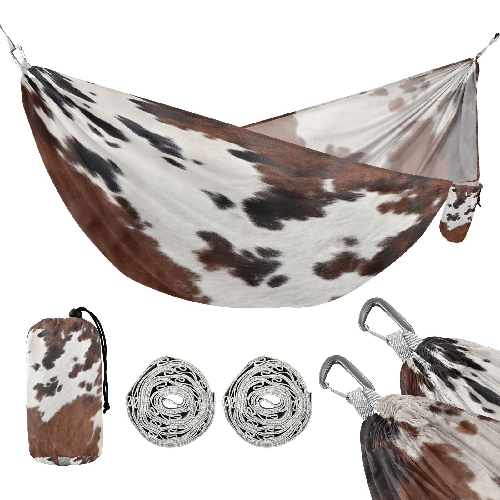 Haskirky Cow Print Camping Hammock, Single Portable Hammocks with Tree Straps & Attached Carry Bag, 330Lbs Capacity Perfect for Outside Indoor Hiking Beach Backpack Travel