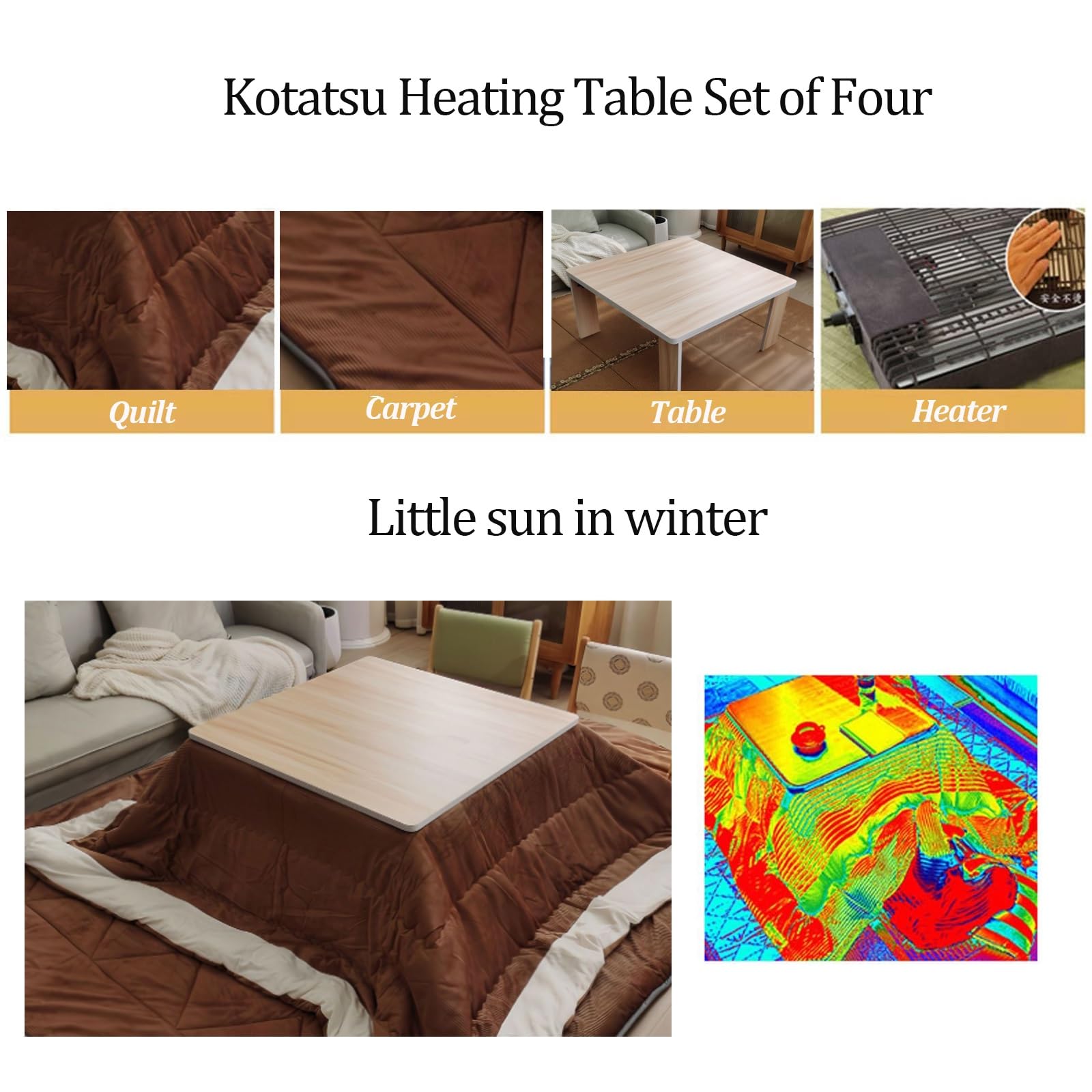 Juego de Mesa Kotatsu Plegable, Mesa de Suelo Japonesa con Calentador eléctrico y Manta, Calentador para pies, para Cuatro Estaciones, marrón, 80 x 80 x 40 cm