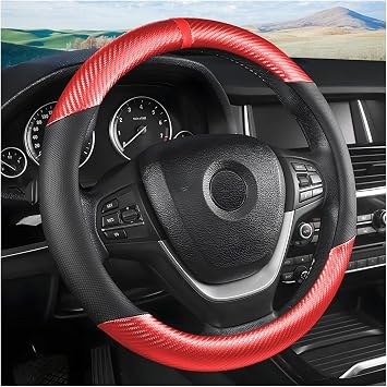 Osilly Car Steering Wheel Cover, 15 inch Anti-Slip Steering Wheel Protector, Carbon Fiber & Microfiber PU Leather Steering Wheel Cover for Women and Men, Universal Fit for Most Vehicles Red