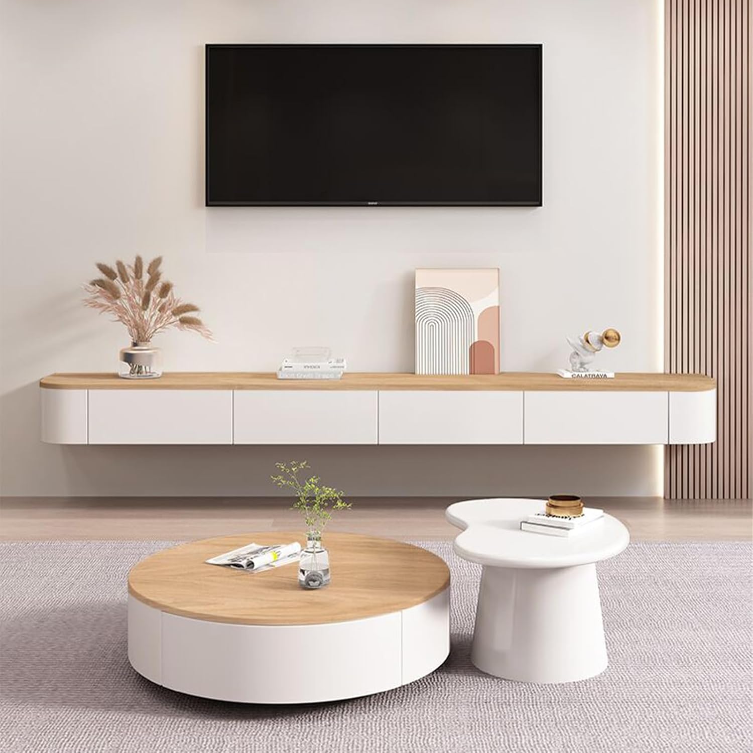 Floating TV Stand, Pre-Assembled Wood Media Console with Cable Management and Storage Cabinet, Wall-Mounted Entertainment Center with Rounded Corners for Living Room and Bedroom (Wood+White, 55.1")