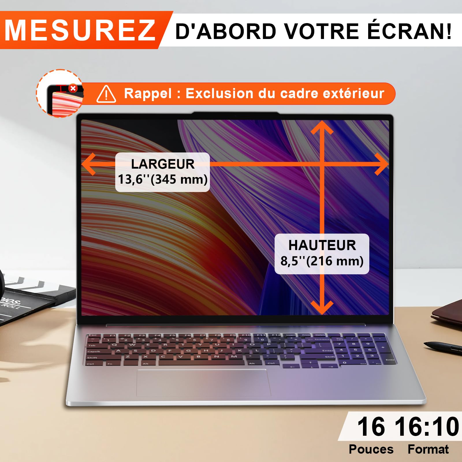 Film de protection anti-espion 16 pouces 16:10 pour ordinateur portable, filtre détachable anti-lumière bleue et reflets