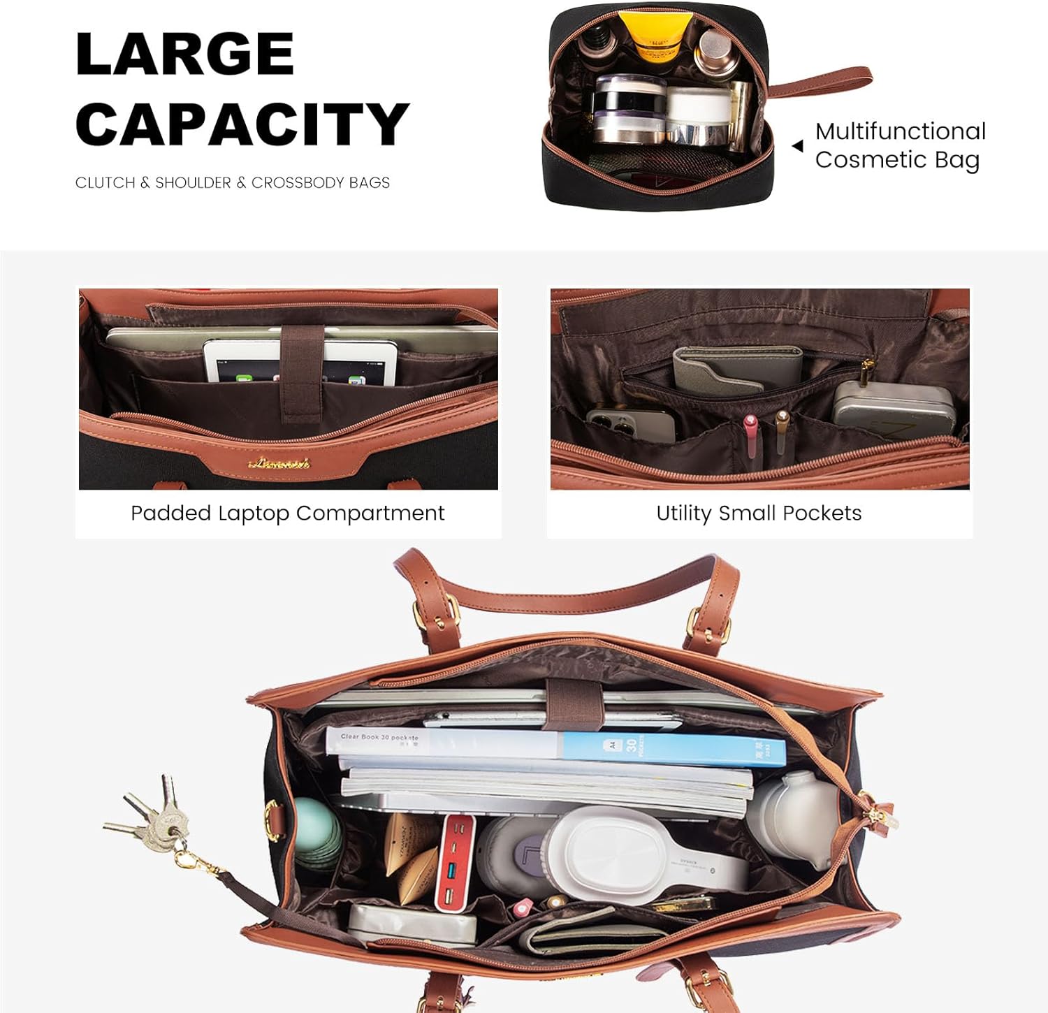 LOVEVOOK Laptop Bag for Women 15.6 inch Lightweight Canvas Laptop Tote Bag, Large Capacity Computer bag with Clutch Purse for Business, Work, Office, Travel, School（Black & Brown，15.6 Inch） - Image 3