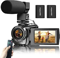 Câmera de vídeo para YouTube, câmera digital de vlog FHD 1080p 30FPS 24MP 3,0 polegadas, rotação de 270°, com microfone, controle remoto, 2 baterias