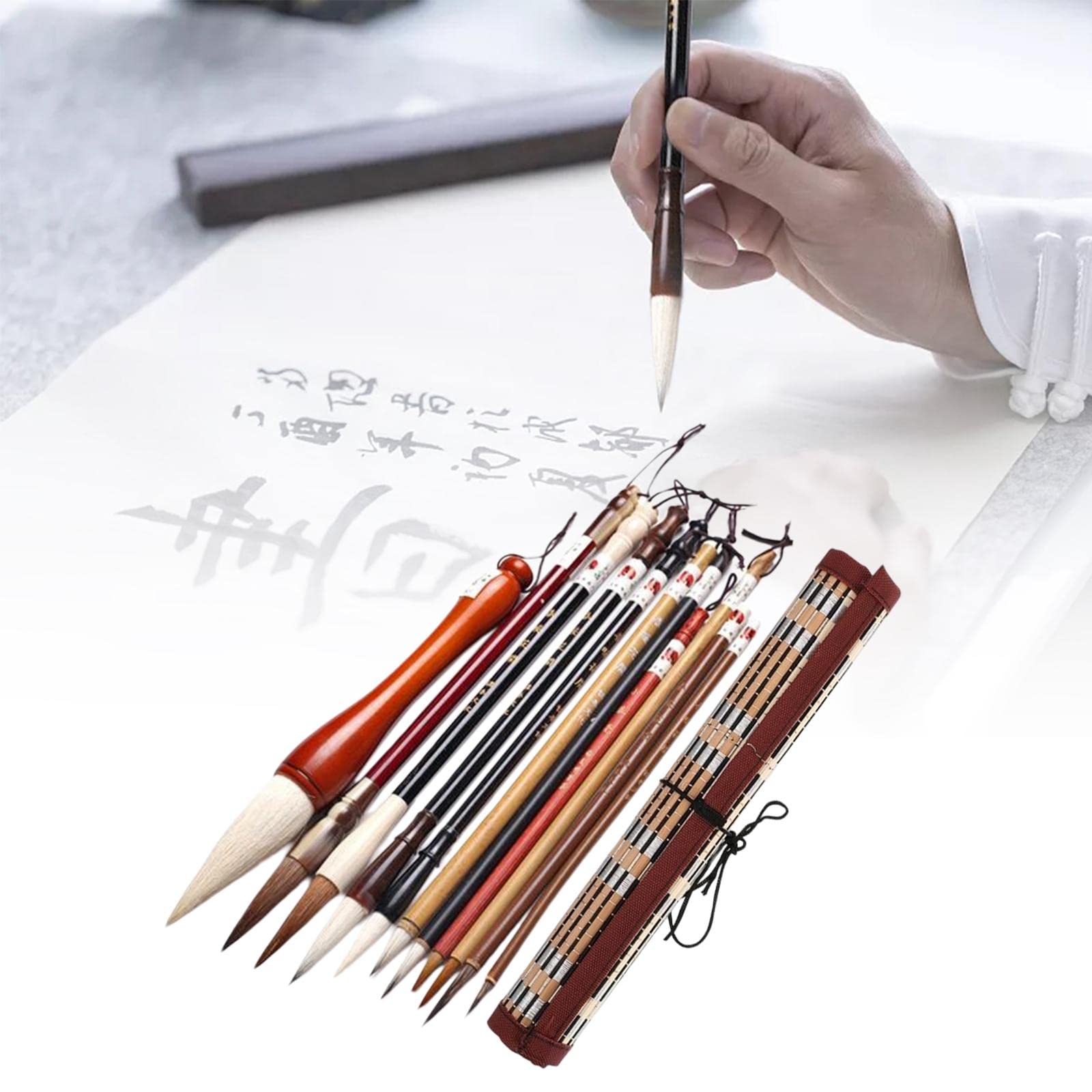 Set Pennelli Calligrafia Cinesi Pennelli Sumi Inchiostro Set Scrittura Pittura Disegno Forniture Artistiche Manico Legno Materiale Durevole Adatti per, 11 Pezzi