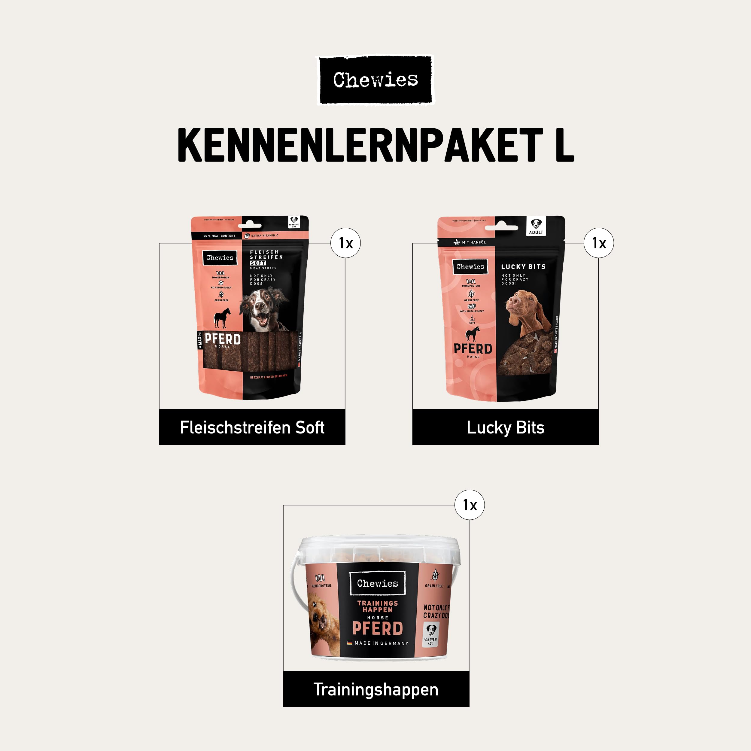 Chewies Kennenlern-Paket Large - Olivenholz & Kaffeeholz für Hunde, Kaukäse, Hunde Leckerlis mit Maxi Fleischstreifen, Lucky Bits, Hundezigarre & Trainings-Happen Pferd (für größere Hunderassen)