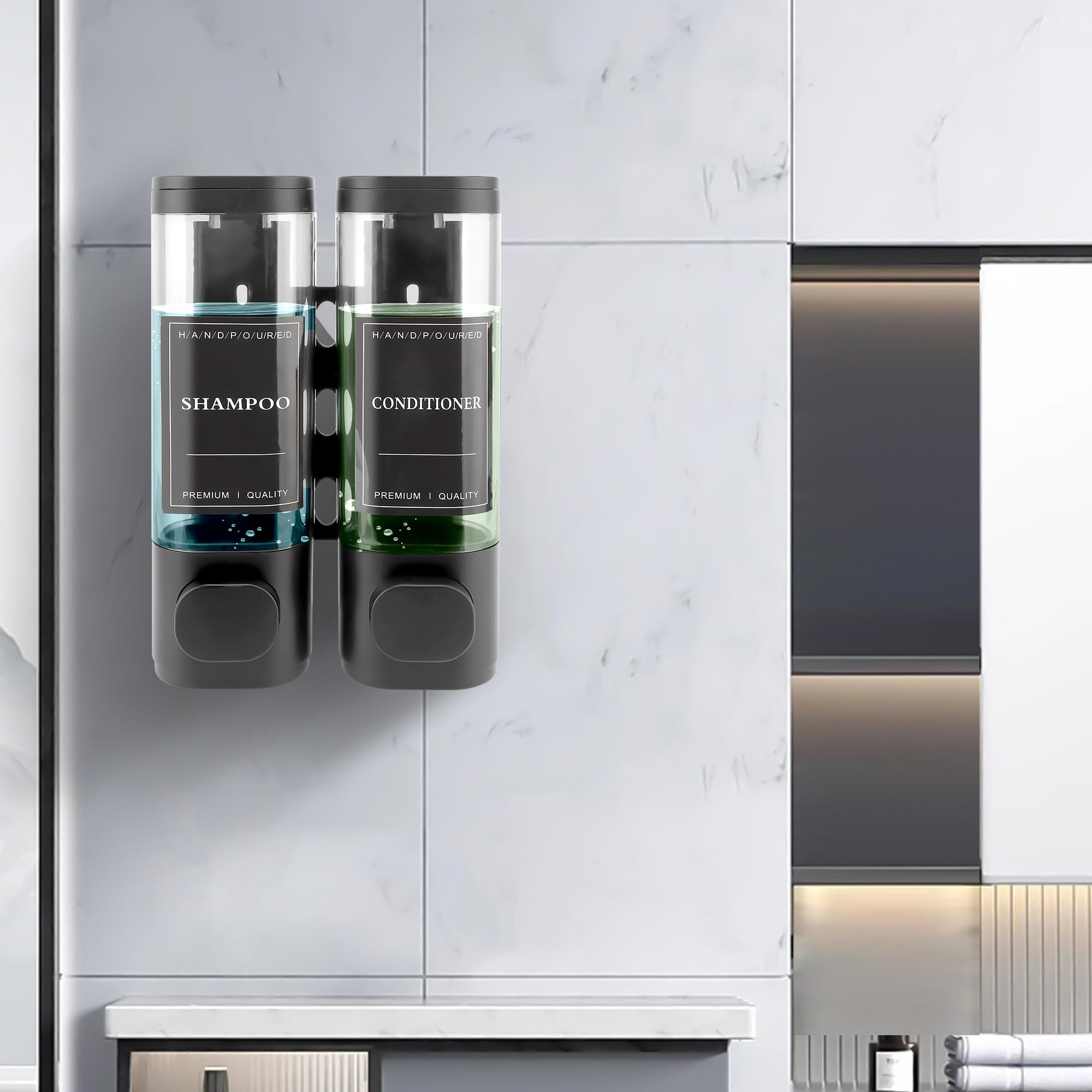 Distributeur de Savon Mural, Distributeur Gel Douche, Distributeur Double de Shampoing et Après-shampoing sans Perçage ABS pour Salle de Bain Cuisine Marché Hôtel Restaurant 300ML*2(Gris)