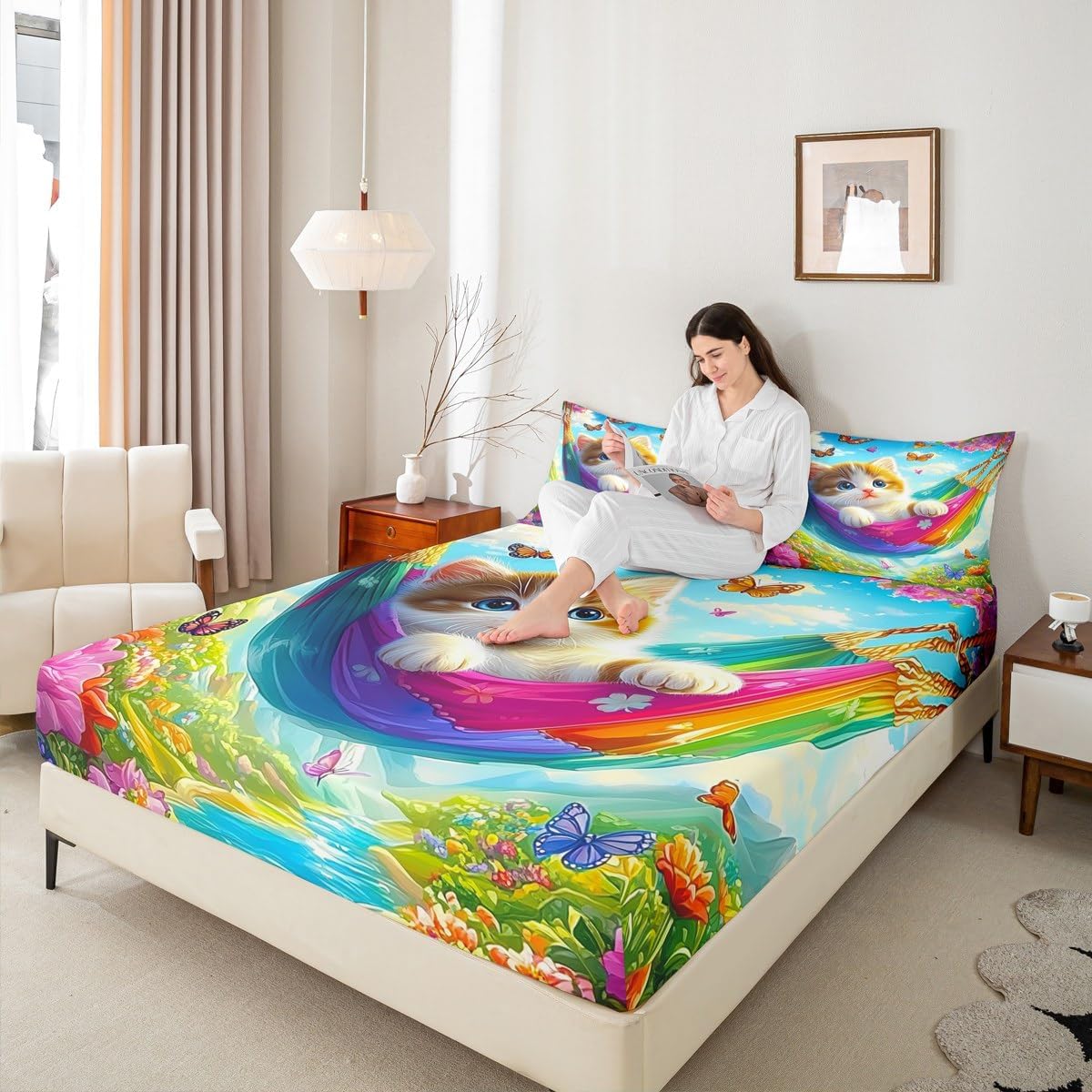 Cute Cat Fitted Sheet Full for Boys Kids Teens Bedroom,Lovely Pet Farm Animal Bedding Set(No Top Sheet),Spring Butterfly Floral Bed Sheets,Dreamy Natural Landscape Bed Cover,2 Pillowcases