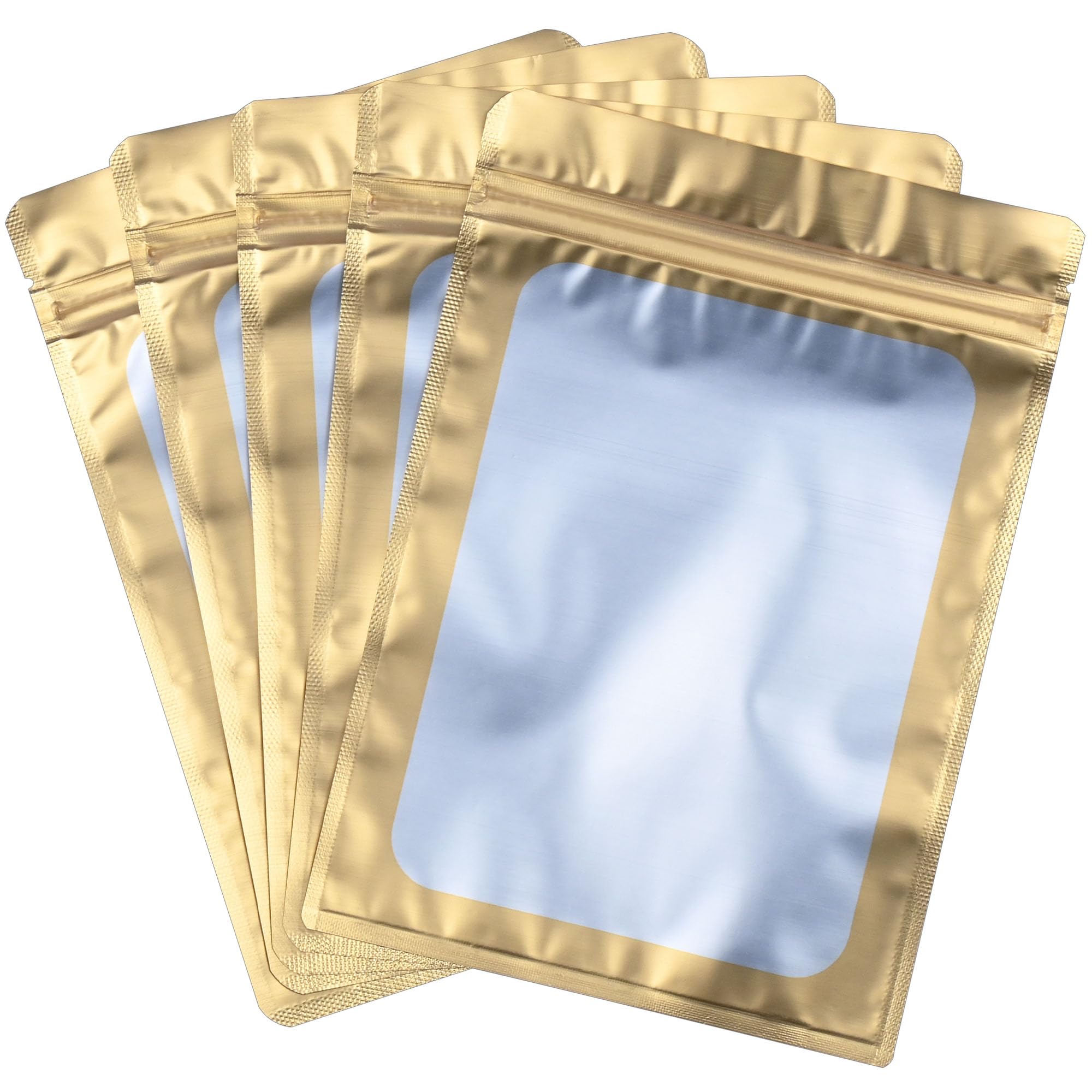 Millefiore Resealable Mylar Pouch Bag Great for Office Home Party Favor Food Storage (100PCS, Gold Color, 4.7 x 8 inch)