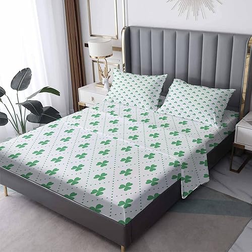 Sábanas del Día de San Patricio tamaño Queen Sábanas de cama de trébol de trébol microfibra suave bolsillo profundo y sábanas y fundas de almohada