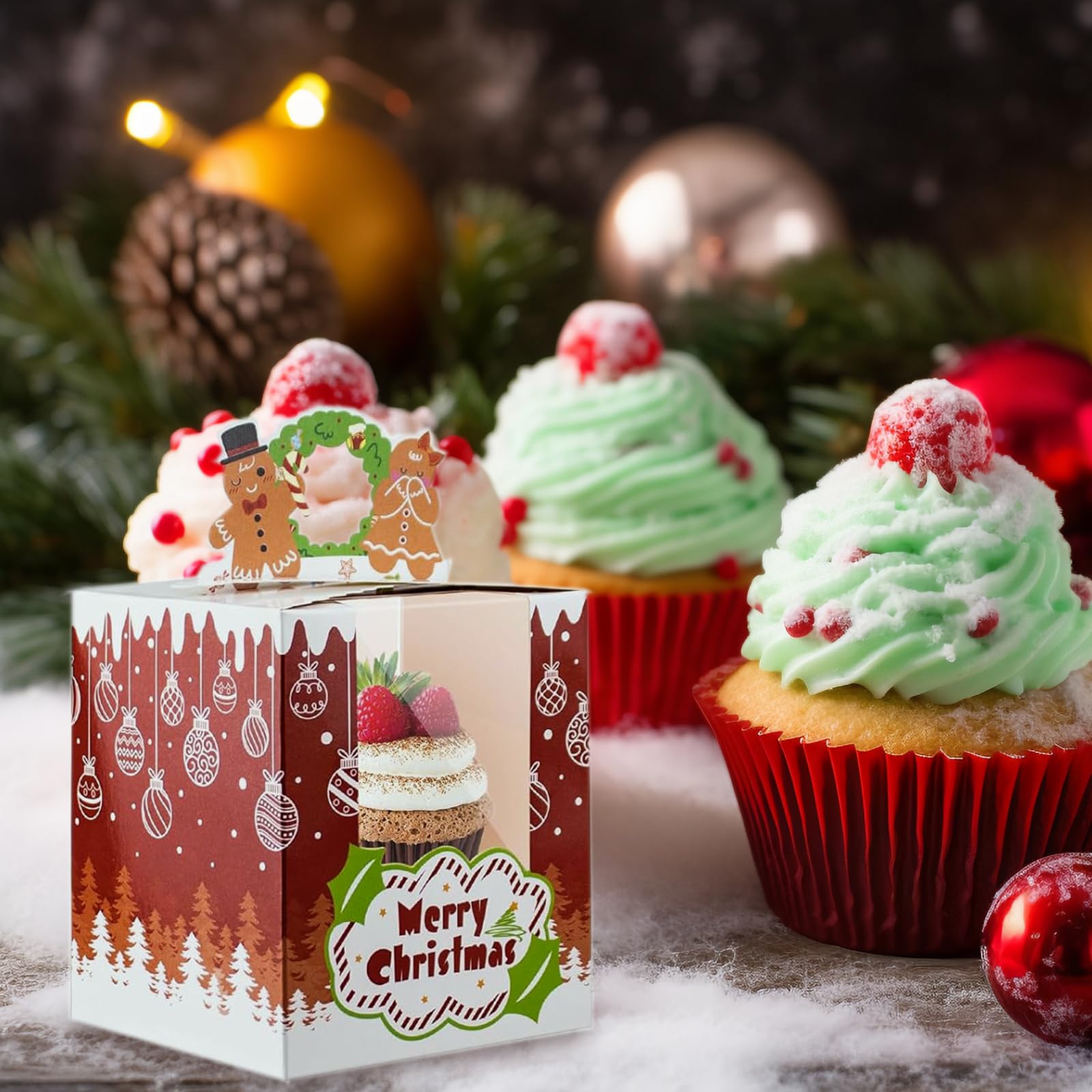 Allbusky 12PCS Christmas Individual Cupcake Boxes Muffin Boxes Cake Boxes and Inserts, 4 Styles Single Cupcake Carrier - Image 4