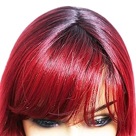ANDRIA Red Wig with Bangs Ombre Burgundy Red Color Wig Wet and Wavy Long Loose Curly Wave Synthetic Heat Resistant Fiber Hair Gray Wigs for Women 26 Inch