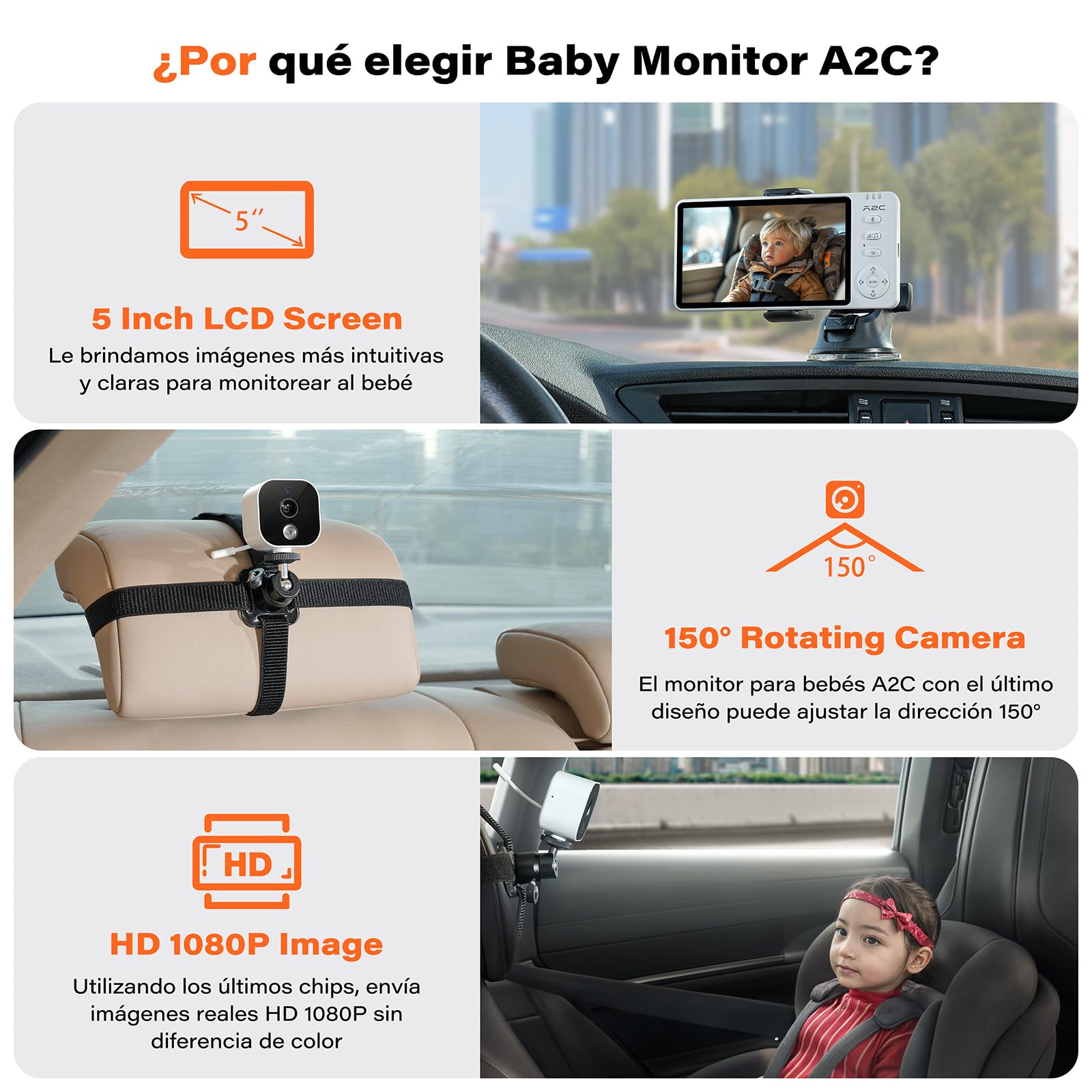 APPS2Car 2-In-1 Camara Vigilancia Bebe Coche,5'' Pantalla 1080p HD Vigilabebes con Camara y Audio,con Sensor de Temperatura Sin WiFi,Visión Nocturna,VOX Bidirecciona,Baby Monitor Coche y Casa