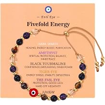 Cute Evil Eye Bracelet Red Black - Natural Crystal Protection Adjustable Spiritual Guardian Jewelry- 5 Healing Stones Clear Quartz Amethyst Black Tourmaline Tiger Eye Bracelet Adjustable