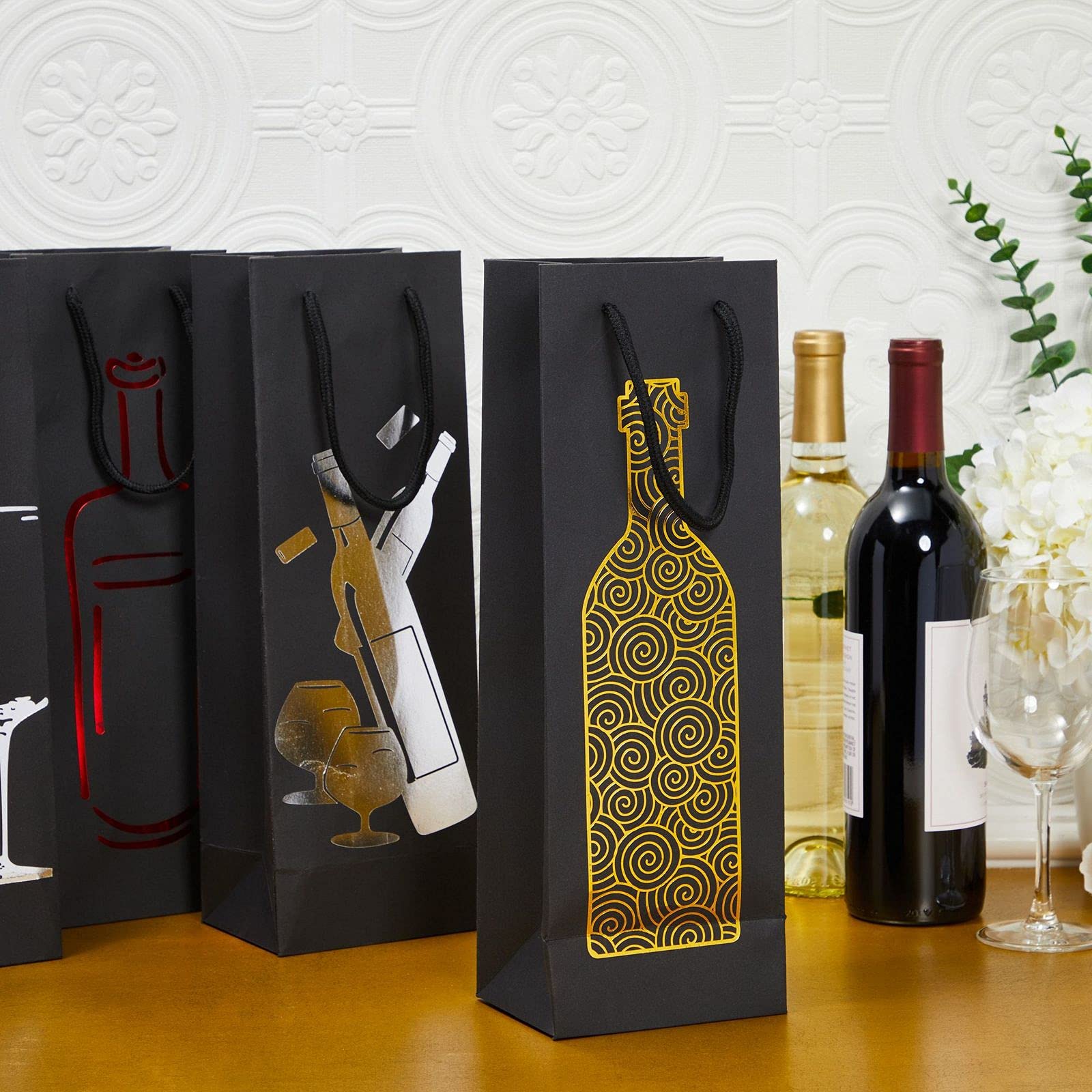 12 Pack Black Wine Bottle Gift Bags with Handles, 4 Elegant Foiled