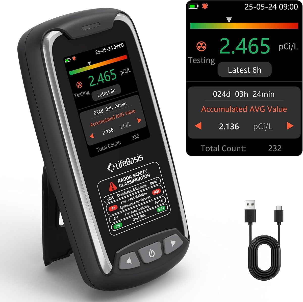 Portable Radon Detector, Fast 6H First Result, Rechargeable | 0.09-1000 pCi/L, Audible & Visual Alerts, 504-Day Log, 45-Day Standby, Type-C Charging, Basement Garage Bedroom Radon Monitor