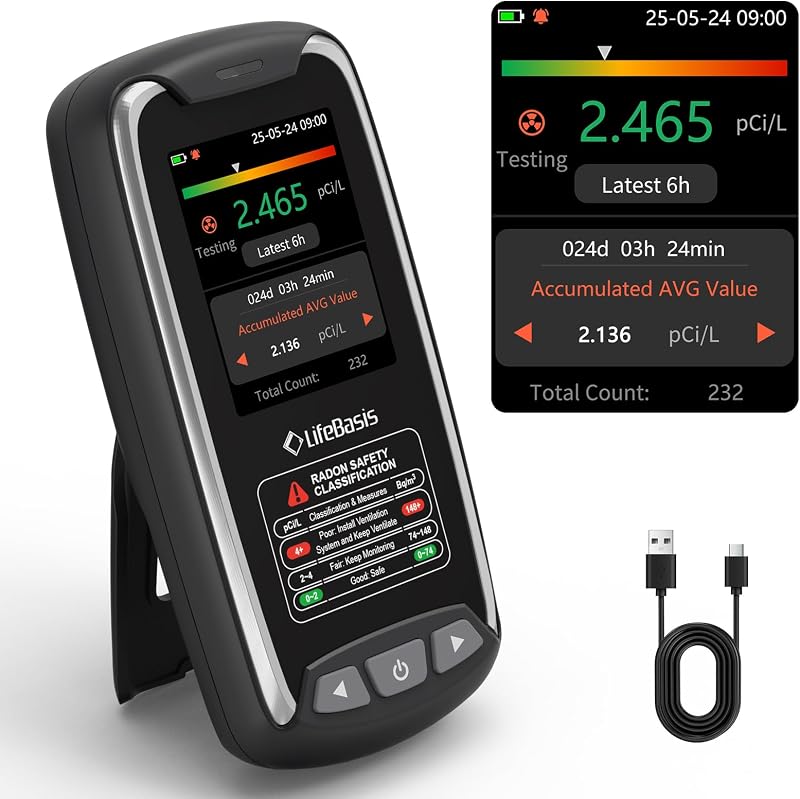 Portable Radon Detector, Fast 6H First Result, Rechargeable | 0.09-1000 pCi/L, Audible & Visual Alerts, 504-Day Log, 45-Day Standby, Type-C Charging, Basement Garage Bedroom Radon Monitor