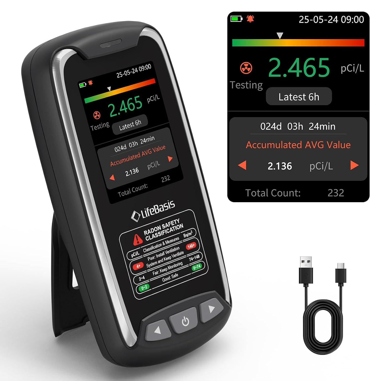LifeBasis Portable Radon Detector, Fast 6H First Result, Rechargeable