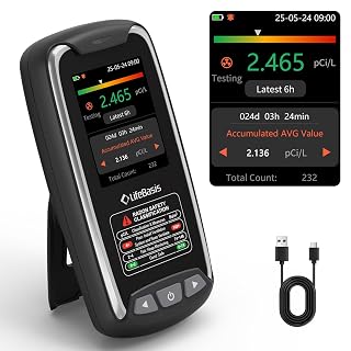 LifeBasis Radon Detector with TFT Color Display, Portable Radon Monitor for Home Rechargeable Radon Tester Long Data Storage with Visual and Audible Alarm First Data Display in 6 Hours pCi/L or Bq/m³ - Amazon product rated Grade A