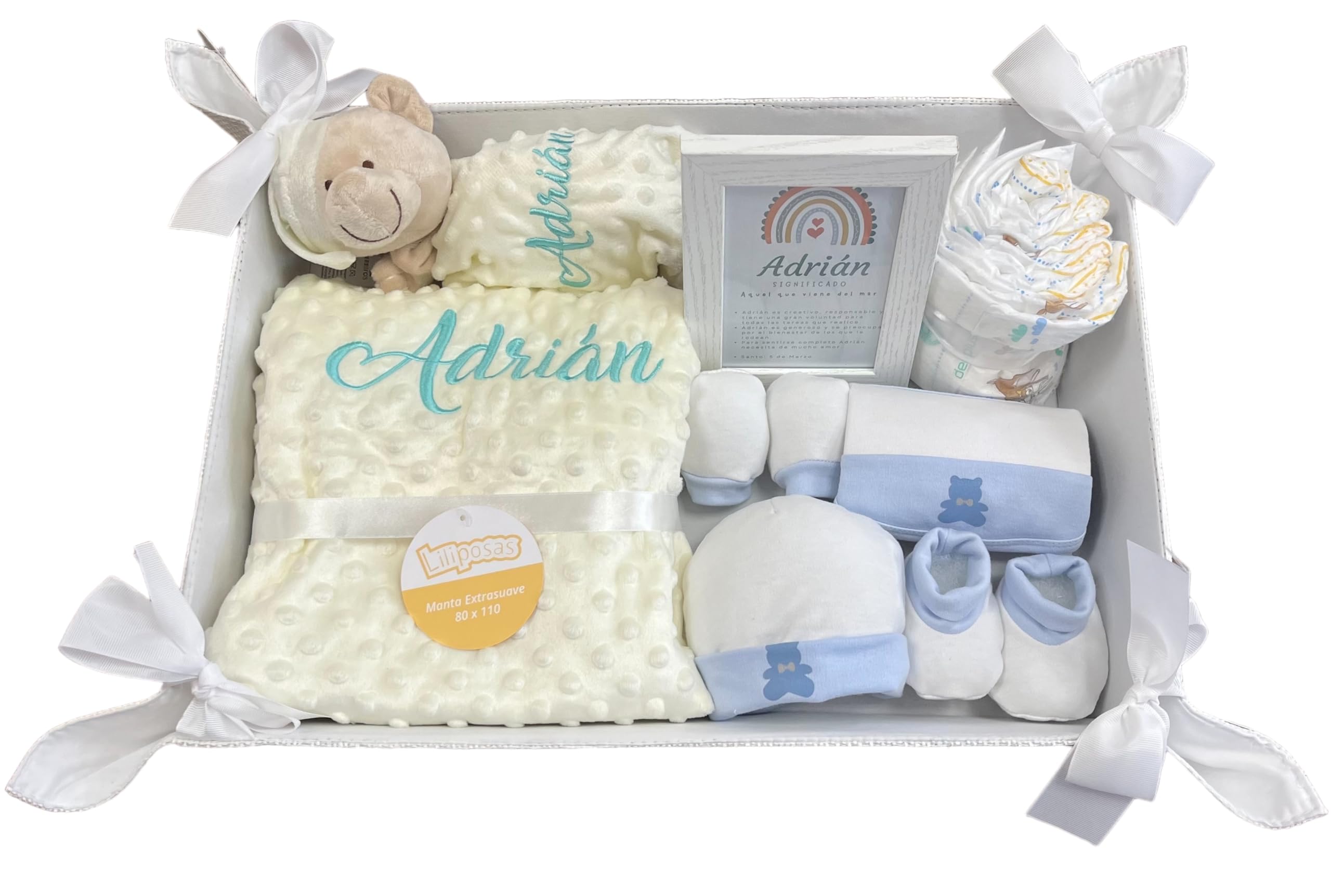 Danielstore Velvet Cesta para Regalo Recién Nacido, Canastilla Bebé Personalizada, Manta y Dou Dou Osito Bordada, Incluye Set de Primera Puesta y Pastel de Pañales (Deluxe 1 Beige)