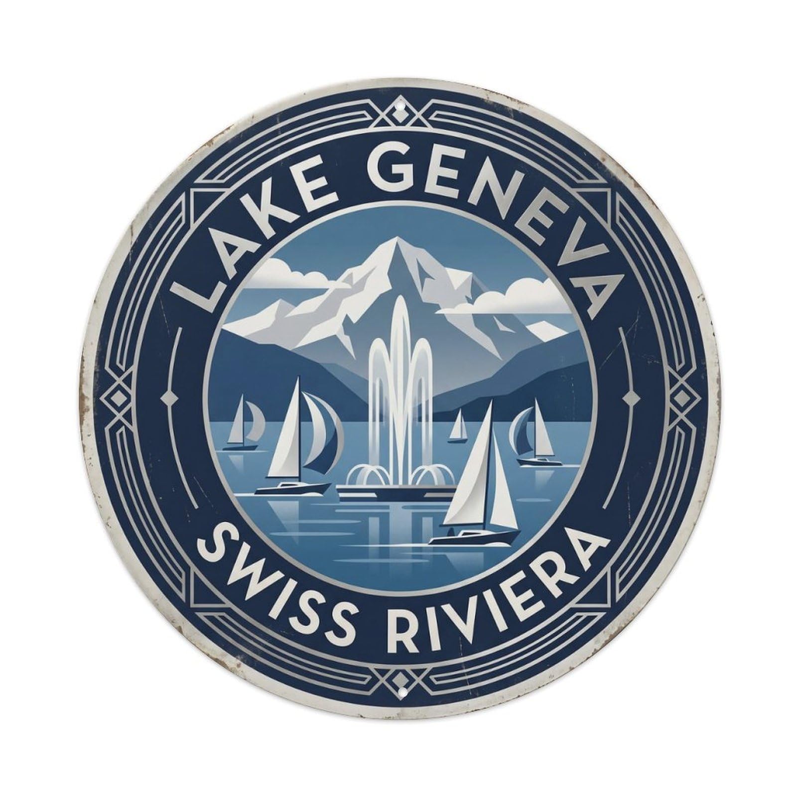 Vintage Travel Geneva Lake Switzerland Metal Tin Sign Plaque Wall Decor for Cafe, Club Bar, Office, Home Garden Round Metal Poster 8x8Inch