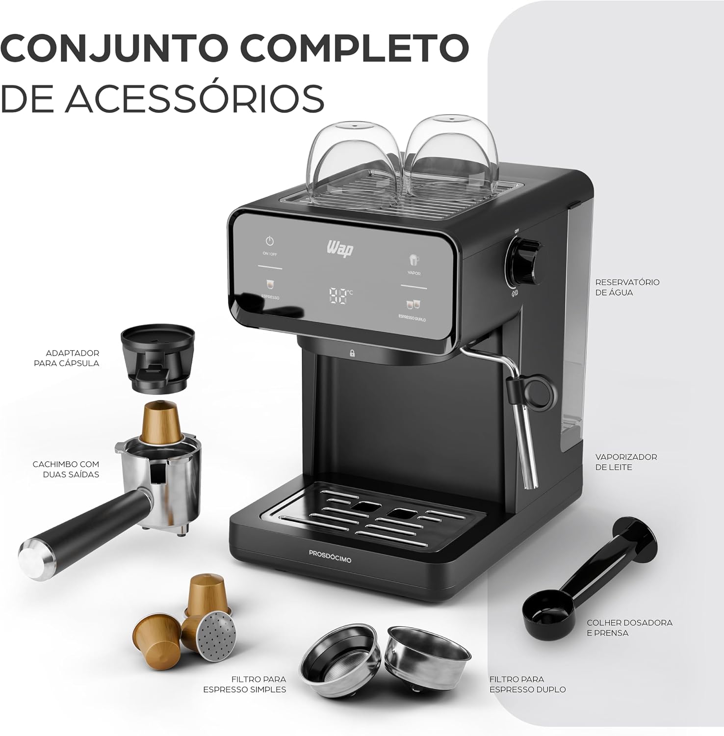 WAP Cafeteira Espresso Digital AROMA PRIME WCM20, Filtro em Inox e Ajuste de Vapor, 1,2 Litros, 20bar 950W 127V