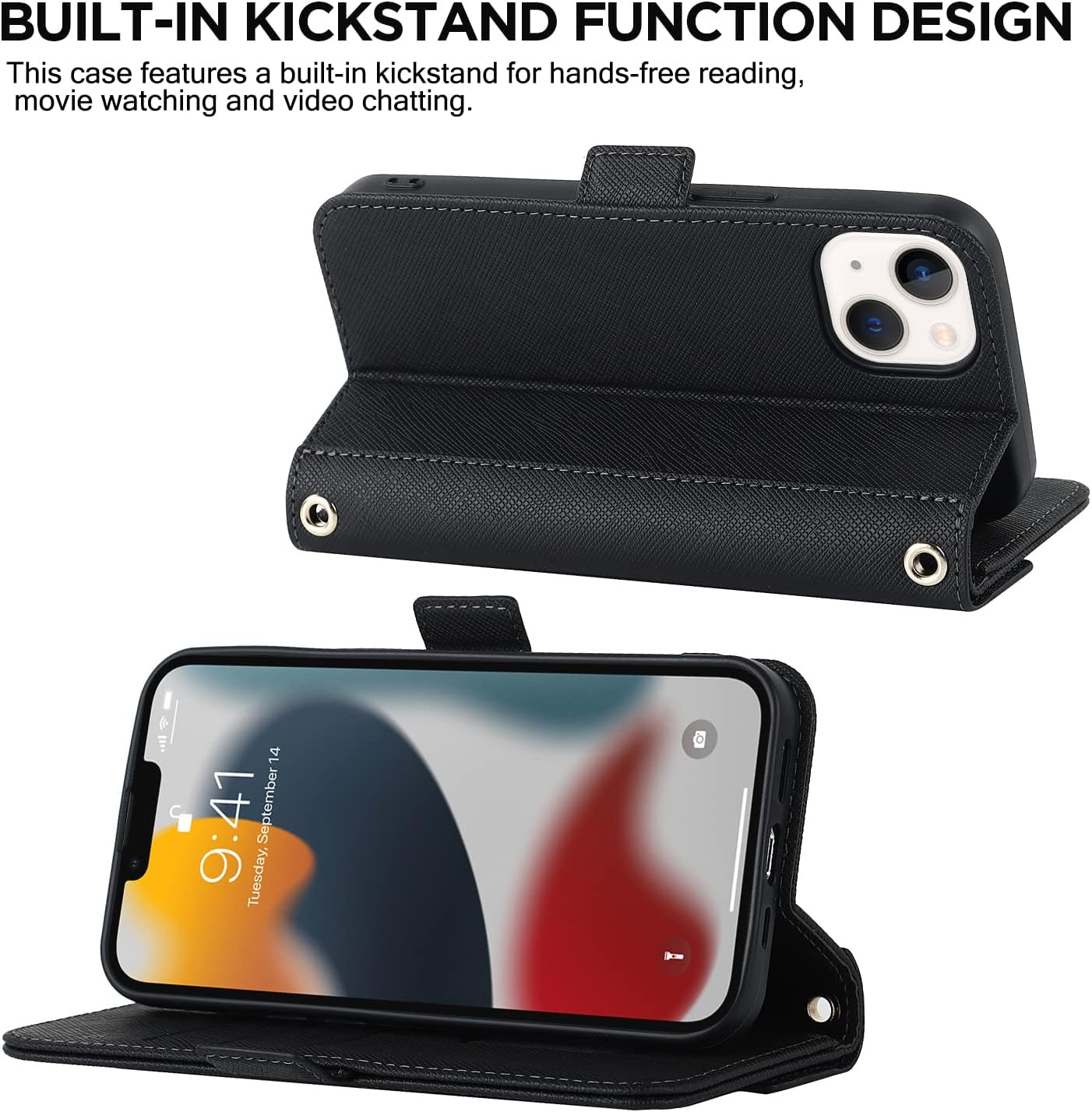 ANSHOW Leather Crossbody Purse Case for iPhone 15 Plus, with Adjustable Shoulder Strap, Magnetic Flip Folio Case, Built-in Kickstand, Black