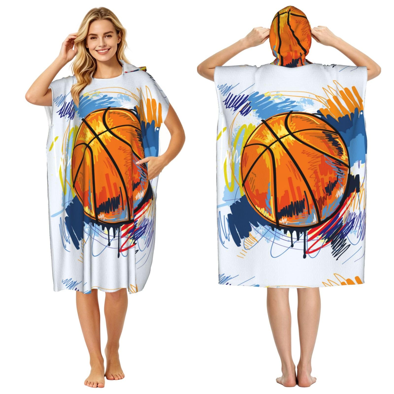 Poadnly Basketball Colorful Sketch Enjoyment Printed, Adult Hooded Beach Towel 90 x 110 cm,Changing Bath Robe, Surf Poncho Towel For Women Men