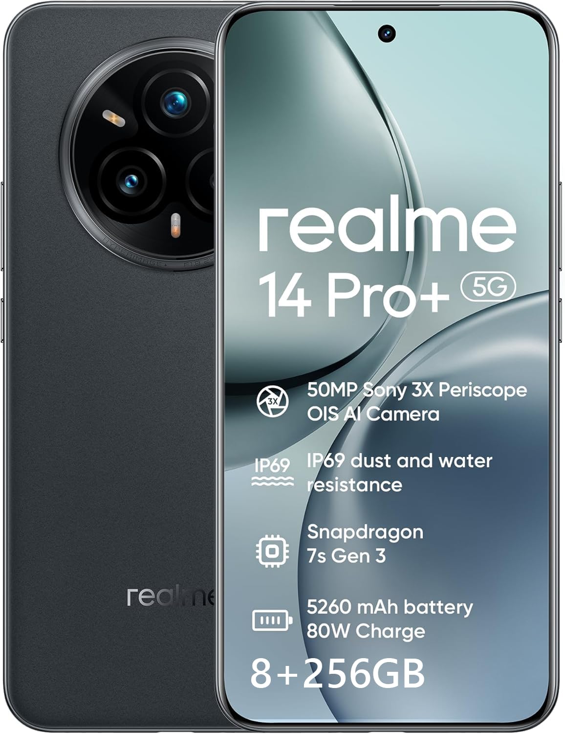 realme 14 Pro+ 5G Smartphone, 50MP +50MP Fotocamera, 120Hz 6.83'' Quad Curve Display, Snapdragon 7s Gen 3 processore, 5000mAh Titan Batteria (Nero)