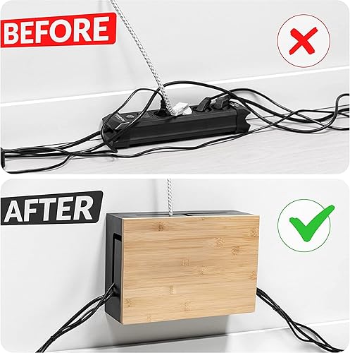 Miniatura 4 de Caja organizadora de cables con tapa magnética de bambú y bridas para cables, elegante y duradera caja organizadora de cables para ocultar cables y