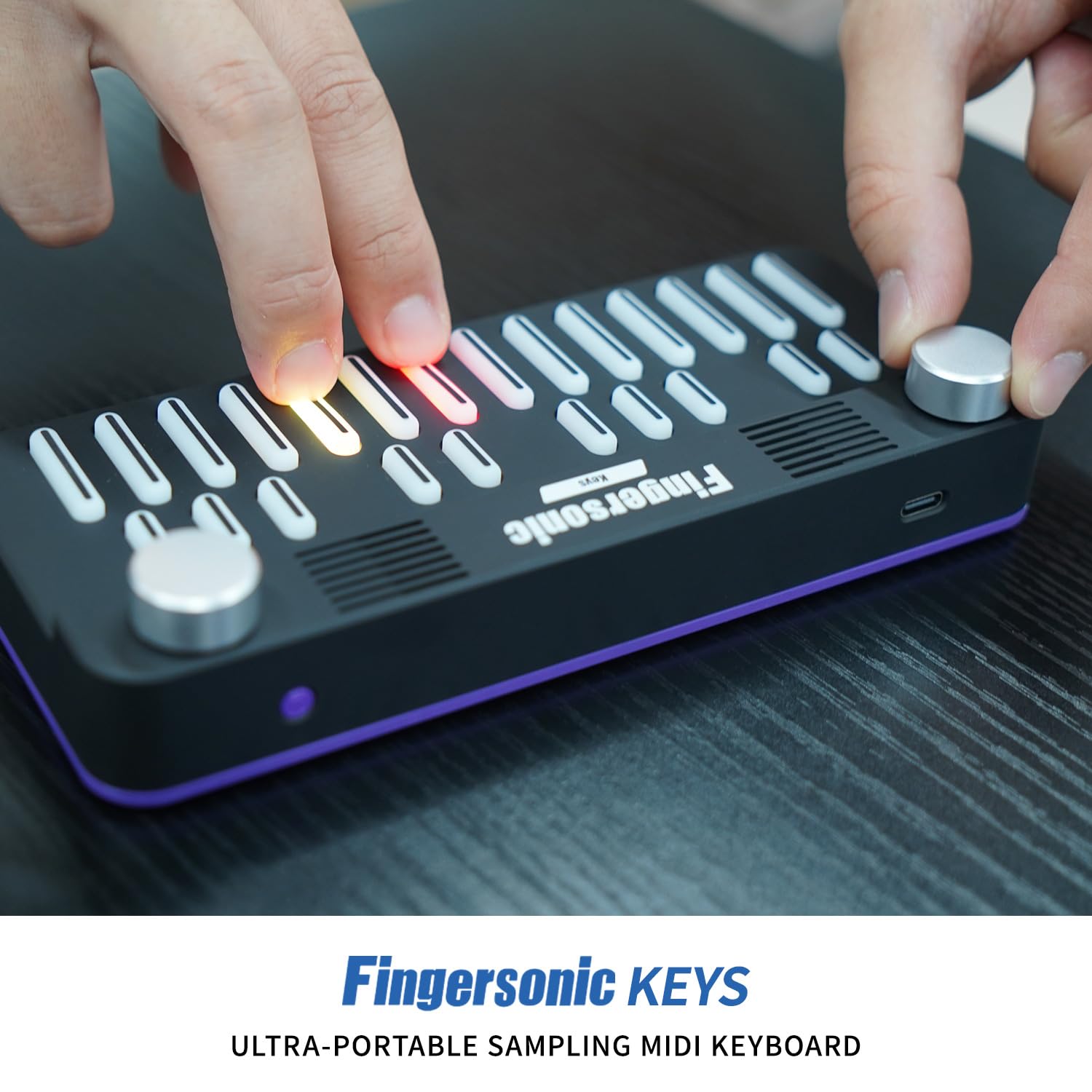 Tastiera MIDI portatile Fingersonic Keys a 24 tasti, BT/USB MIDI, nera | Tasti sensibili alla velocità, altoparlante integrato, LED colorati, uscita cuffie e app didattica