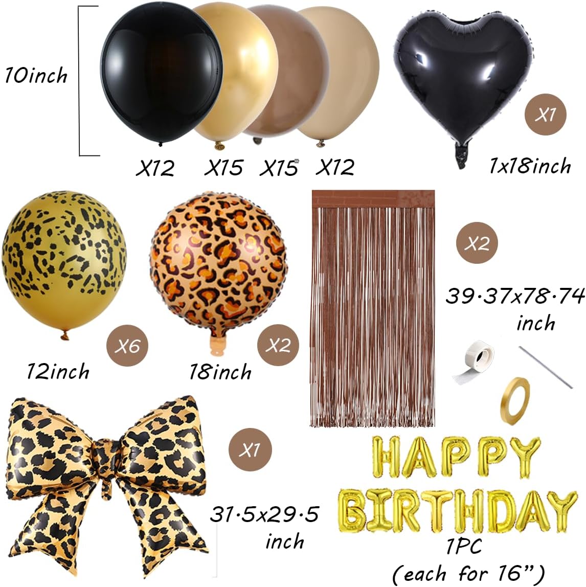 70Pcs Cheetah Print Birthday Decorations, Black Brown Gold Leopard Balloons | "HAPPY BIRTHDAY" Foil Balloon Letters with Fringe Curtain for Girls Women Leopard Birthday Party Decorations