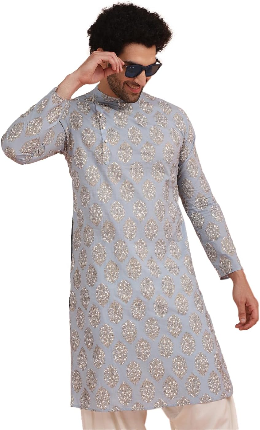 KISAH Mens Kurta – Printed Cotton Blend Tunic with Mandarin Collar, Regular Fit – Indian Wedding Outfit for Men – Festive Wear for Diwali, Eid & Celebrations Blue