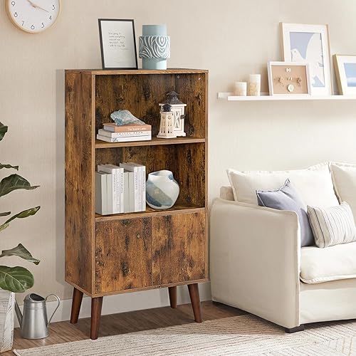 Miniatura 1 de Wonder Comfort Estantería de madera de 3 niveles con 1 puerta y 2 estantes abiertos, estantería marrón rústico de mediados de siglo para libros y