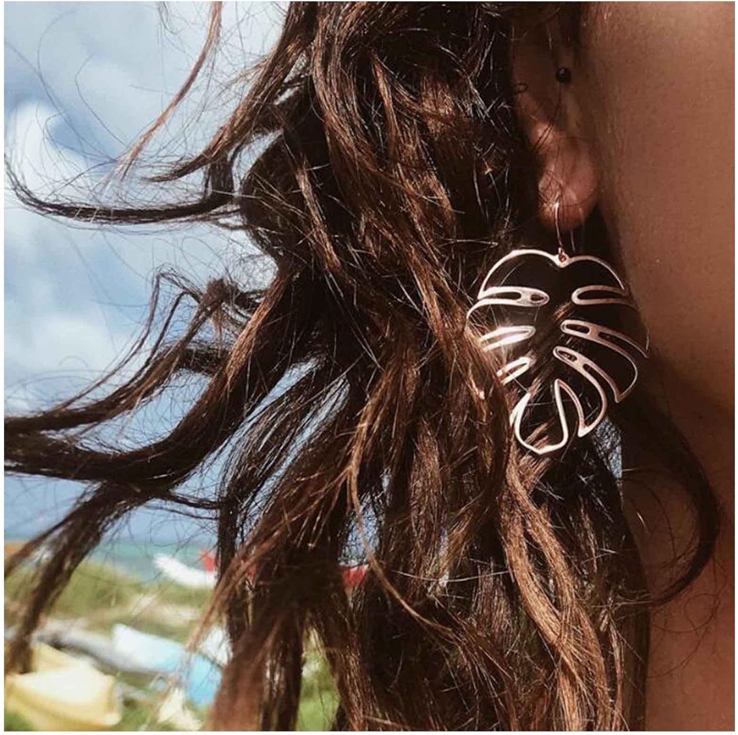 Bohemia Palm Leaf Earrings Gold Hollow Leaf Dangle Earrings Monster Leaf Earrings Tropical Leaves Earrings Jewelry for Women and Girls - Image 4